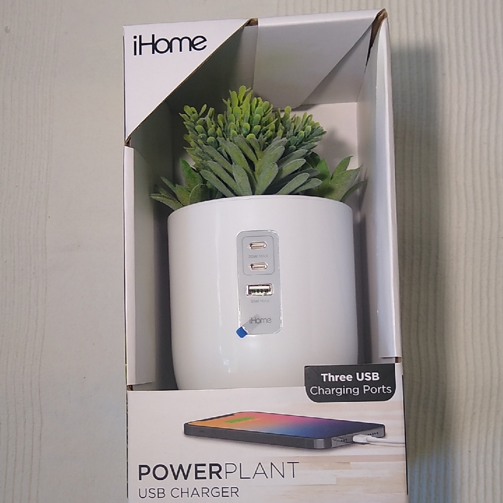 iHome White USB Charger Planter with Green Faux Succulent